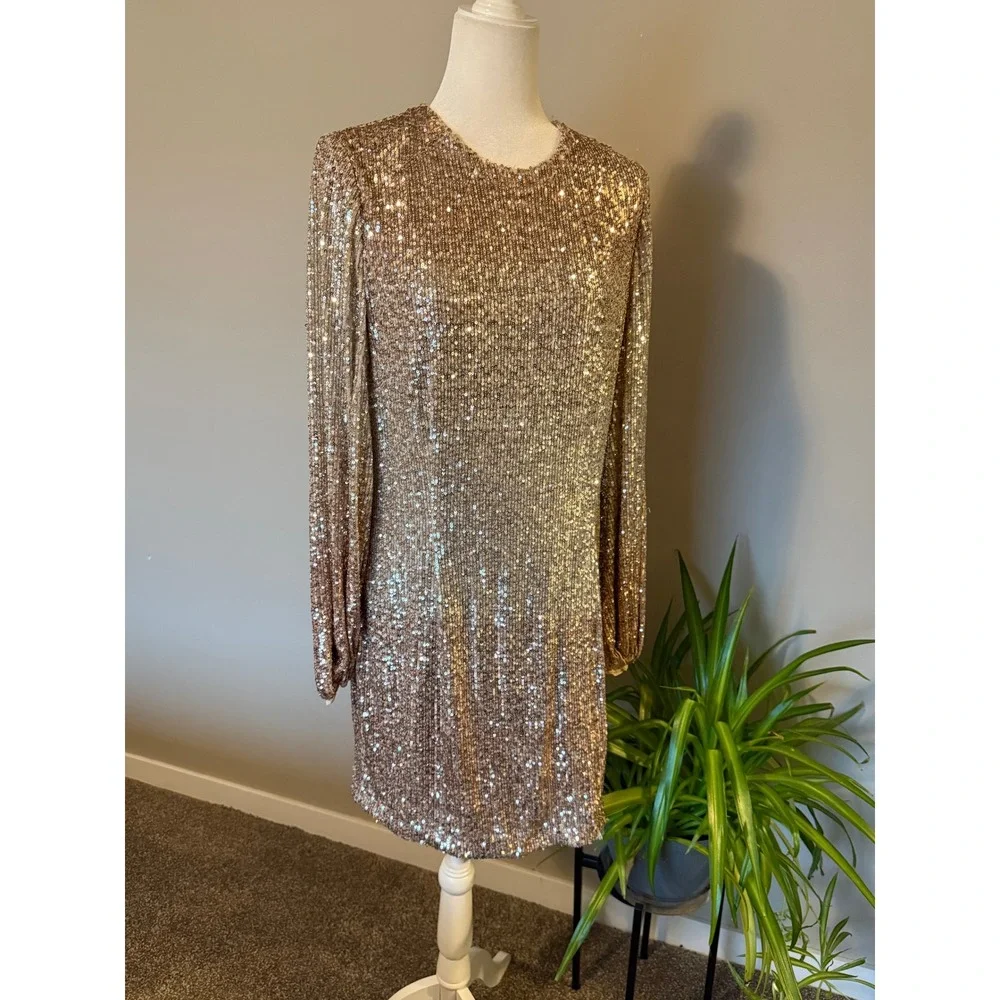 BHLDN Goldie Ombre Sequin Mini Dress Womens 14 Rose Gold Event Wedding NYE READ!